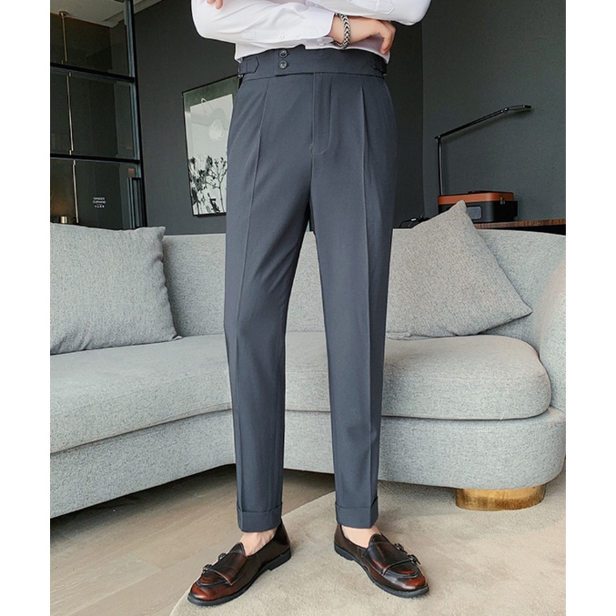 Quần Âu Nam Hai Khuy Cạp Cao Hàn Quốc, Vải Co Dãn Thoải Mái, Dáng Công Sở, Chống Nhăn Xù, Quần Tây Nam