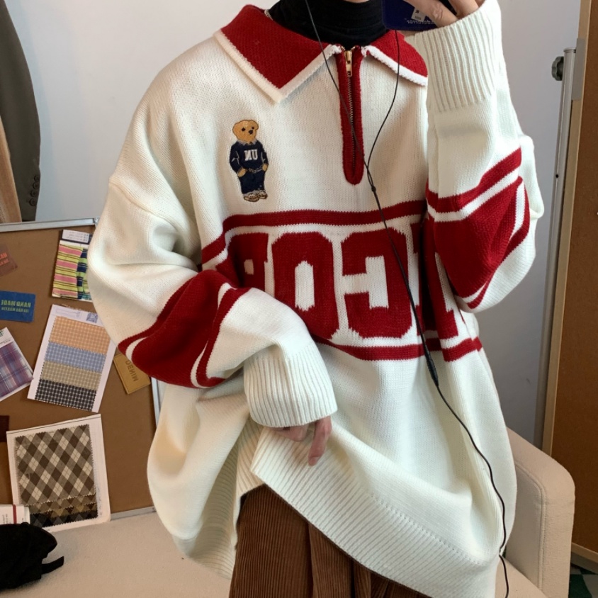 Áo thun polo dệt kim tay dài in chữ phong cách Hàn Quốc thời trang cho nam nữ áo len dệt kim Unisex có ve áo thời trang áo len dệt kim cặp đôi giản dị form rộng hàng đầu