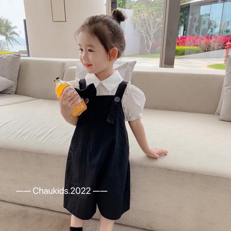 Set áo SMi tay bồng phối yếm kaki cho bé gái