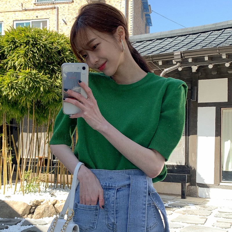 (ORDER) Áo len cộc tay dệt kim mỏng mùa hè cổ tròn tay lỡ màu xanh lá style Hàn Quốc nhẹ nhàng