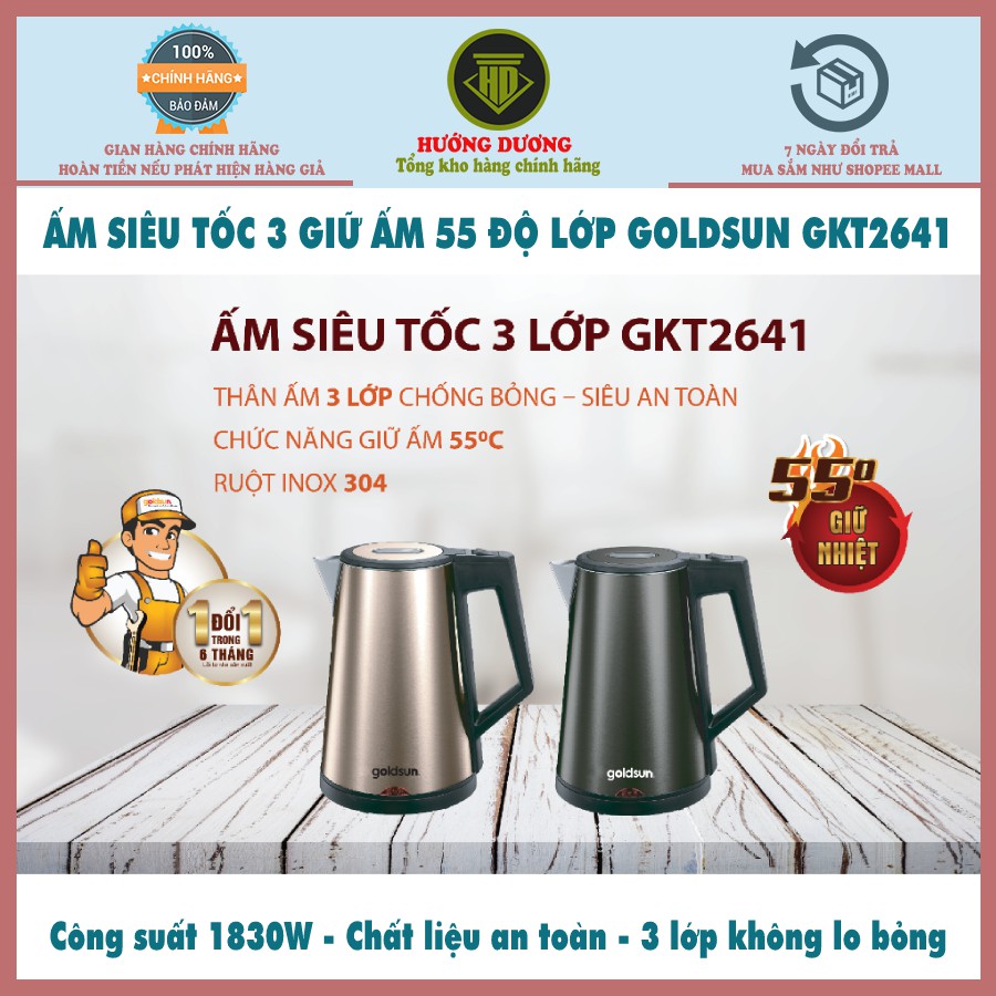 Ấm siêu tốc 3 Lớp giữ ấm 55 độ Goldsun GKT2641G bảo hành 12 tháng Hàng chính hãng