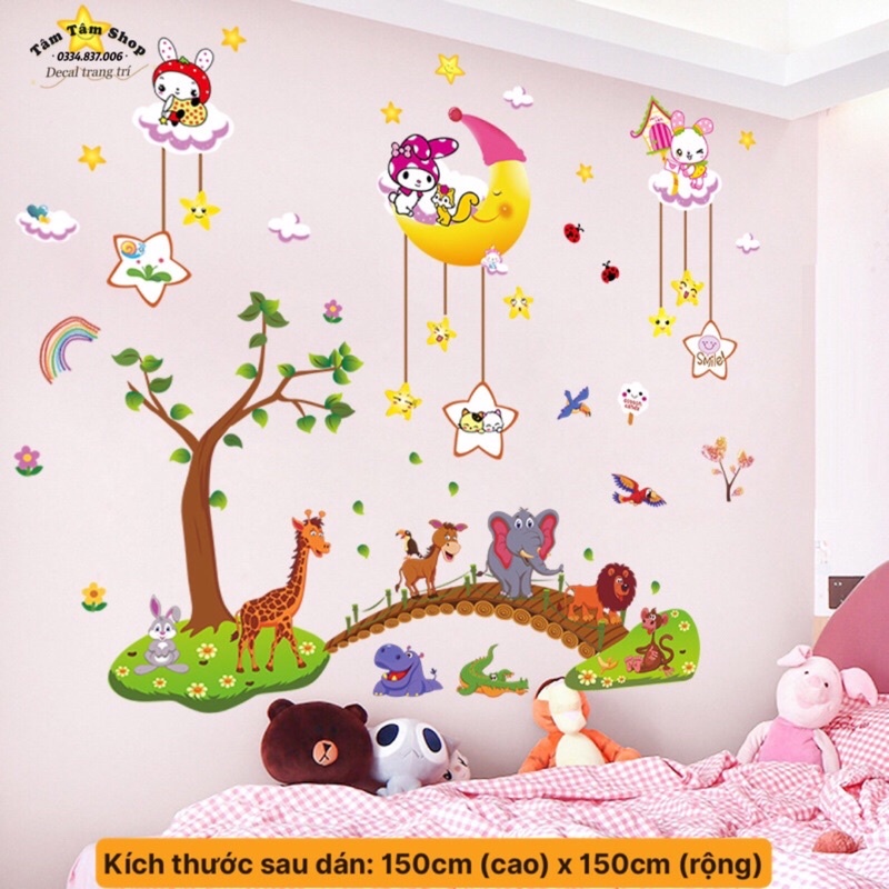 Decal dán tường, Tranh dán tường trang trí phòng ngủ cho bé trăng sao và thú qua cầu.
