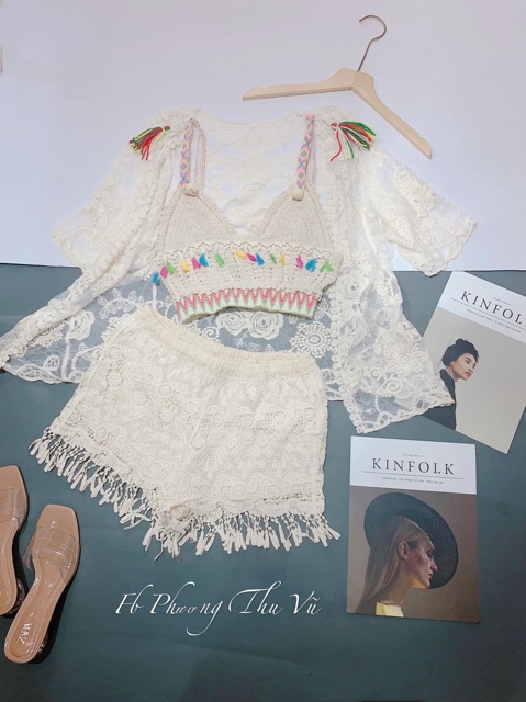 Set biển - set 3 món - áo 2 dây thổ cẩm + quần ren tua rua điệu + choàng ren hoa hồng (có tách rời)