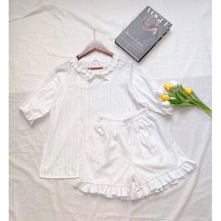 [Ảnh thật/Video]Bộ ngủ mặc nhà cute có hai màu Bộ ngủ thiết kế viền ren cộc tay Hàn Quốc | BigBuy360 - bigbuy360.vn