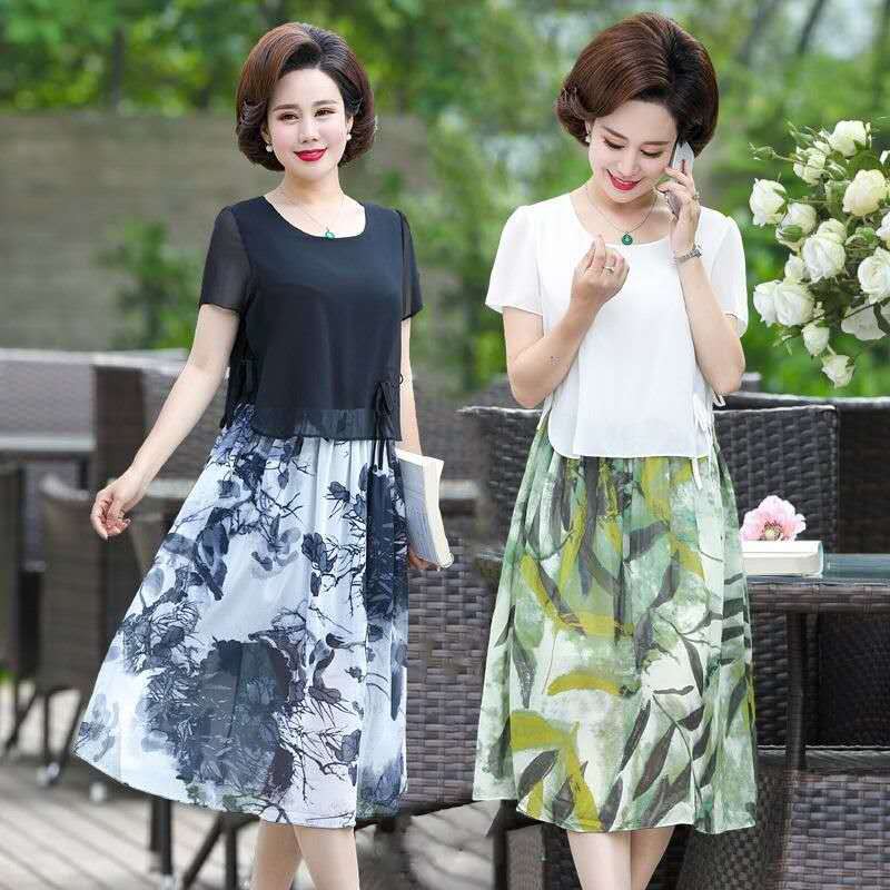 váy hè cho bà mẹ trẻ, phụ nữ trung niên 40 tuổi, voan người già, qua gối, kiểu tây 50