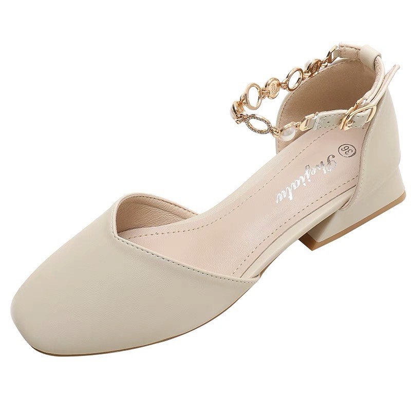 Giày cao gót tiểu thư 3,5cm màu trắng be quai xích cườm BIG SIZE 35-43