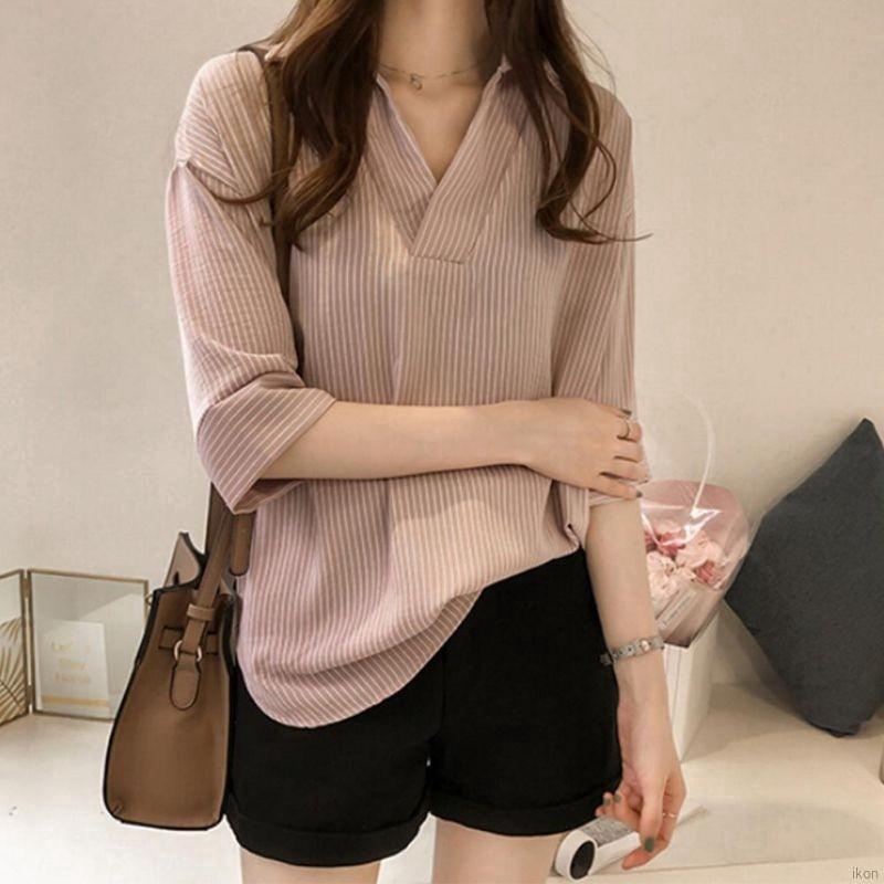 Áo nữ tay dài cổ chữ V họa tiết sọc ngang thời trang quyến rũ