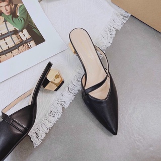 Giày bệt nữ mũi nhọn hở gót quai trắng D.O 2021, Giày búp bê nữ vải gân màu đen thời trang du lịch công sở hàn quốc]