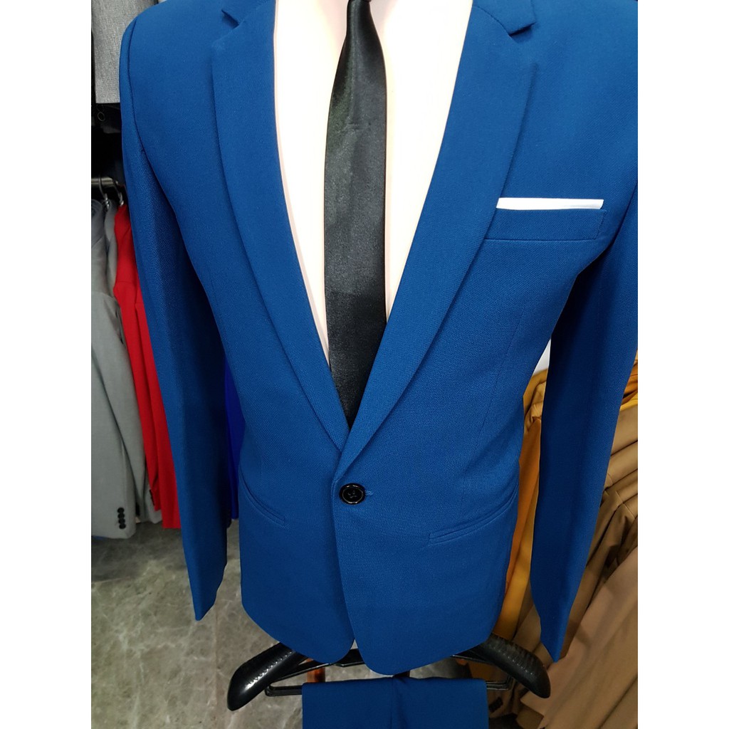 Bộ vest nam 1 nút form ôm màu xanh cổ vịt + cà vạt nơ đen
