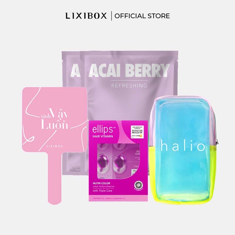 [HB Gift] Combo Túi Đựng Mỹ Phẩm Jelly Halio, Serum Dưỡng Tóc, Gương Cầm Tay Lixibox, 2 Mặt nạ dưỡng da Acai Berry