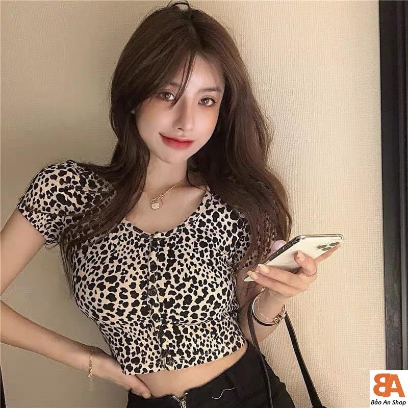 Áo croptop nữ kiểu beo phối cúc chất vải thun nhung 4 chiều FreeSize dưới 52kg