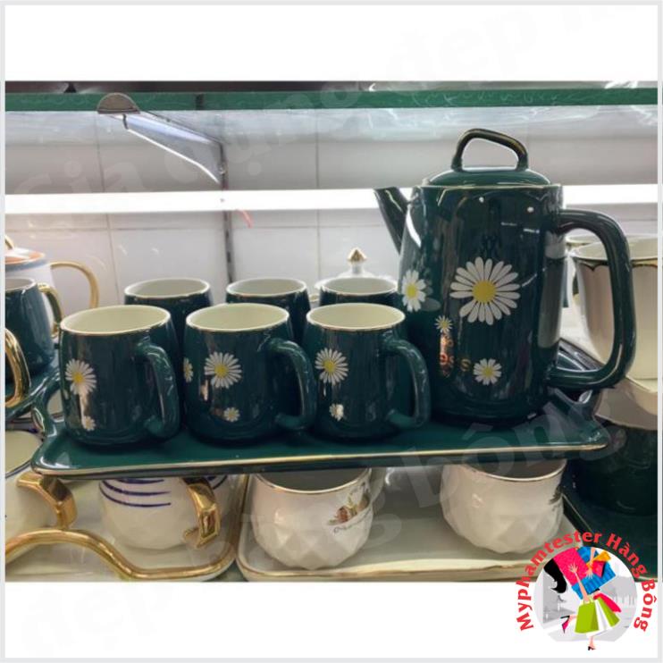Bộ ấm chén sứ xanh cổ vịt hoa cúc/ quả chanh