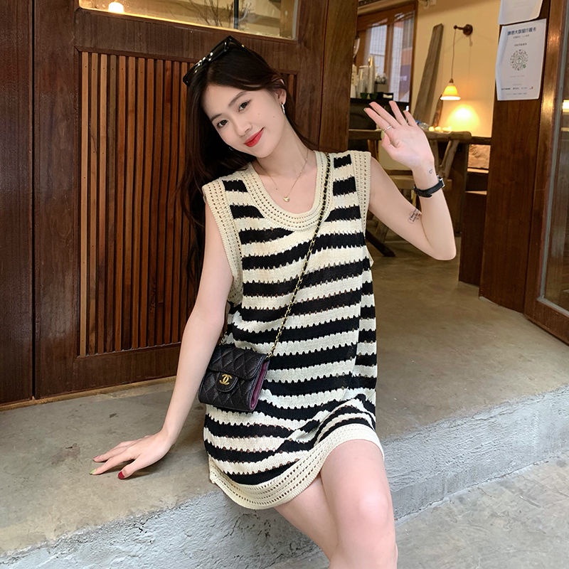 Đầm Váy Dệt Kim Nữ Kẻ Sọc Ngang Không Tay Sát Nách Thời Trang Hàn Quốc Thanh Lịch