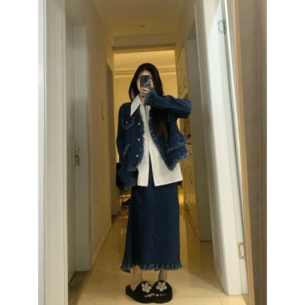 Áo Khoác Jean Kèm Chân Váy Phong Cách Retro Thời Trang Xuân Thu Cho Nữ