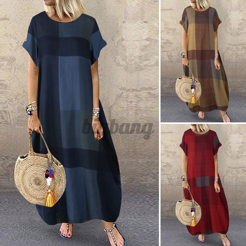 Đầm Cotton Tay Ngắn Dáng Rộng Họa Tiết Sọc Caro Phong Cách Vintage