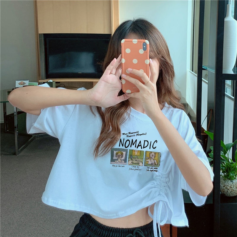 Áo Thun Ngắn Tay Dáng Rộng Eo Cao Phối Dây Rút Phong Cách Hàn Quốc Thời Trang Mùa Hè Dành Cho Nữ Sinh