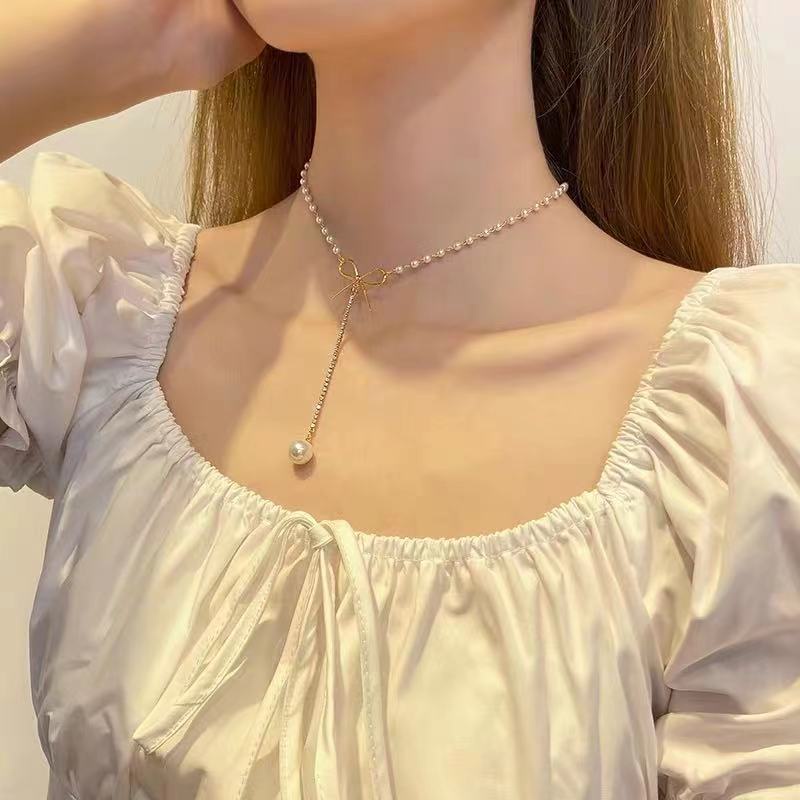 Vòng Cổ Chuỗi Ngọc Trai Thắt Nơ Phong Cách Hàn Quốc Độc Đáo Cho Nữ