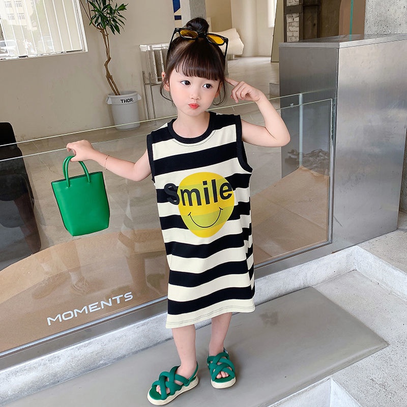 Đầm Không Tay 100% cotton Họa Tiết Sọc Trắng Đen Phong Cách Hàn Quốc Cho Bé Gái