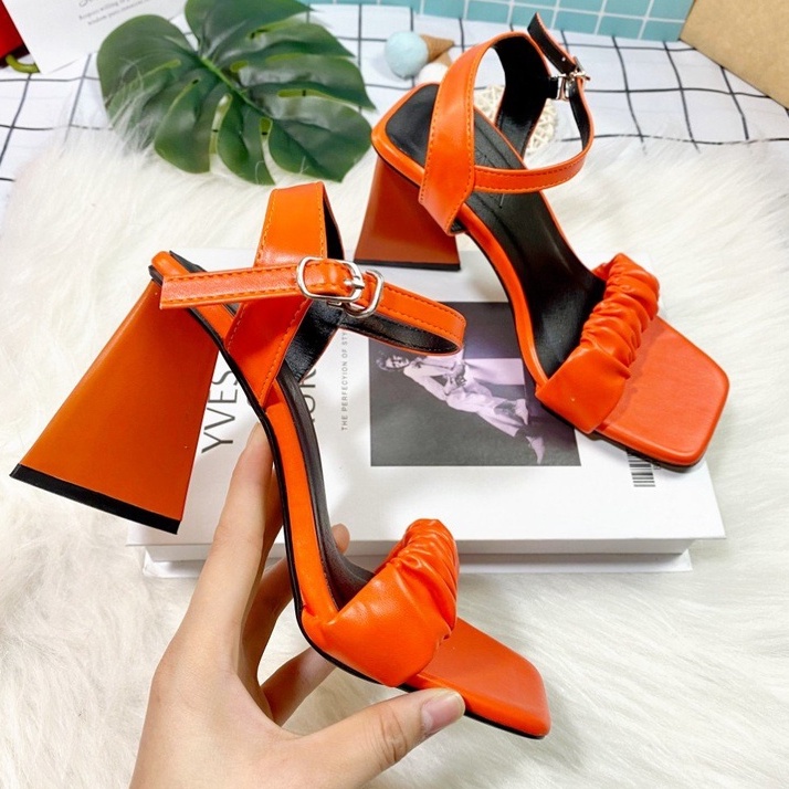 [ HOT HIT ] Giày Cao Gót Sandal Quai Ngang Thiết Kế Bèo Nhún Thời Trang, Gót Trụ Cao 8p - Gsd.quainhung