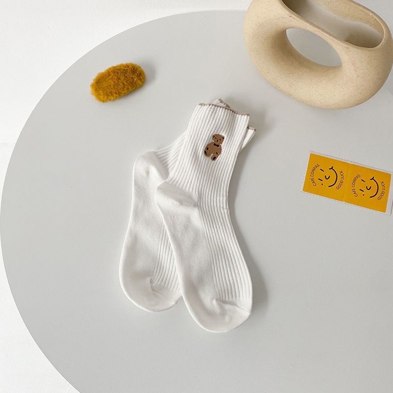 Tất bèo nữ cổ cao, vớ cổ cao vải cotton thêu hình chú Gấu Teddy phong cách thời trang Hàn Quốc - TD68 [Set 5 Đôi ]