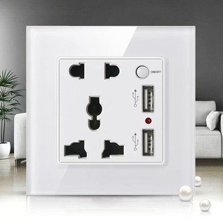 Ổ cắm điện đôi 3 chấu có 2 cổng USB mặt kính cường lực ATS-UKW-USB