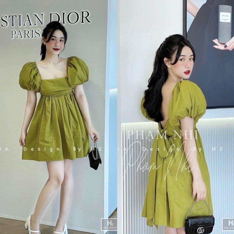 Váy babydoll cổ vuông tay phồng xếp li ngực nơ lưng, váy nữ freesize LP1 | BigBuy360 - bigbuy360.vn