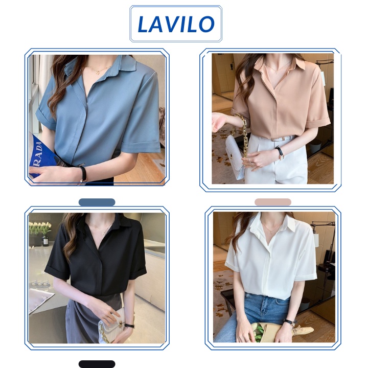 Áo sơ mi nữ công sở tay ngắn kiểu dấu nút đẹp LAVILO - sơ mi nữ ASM02