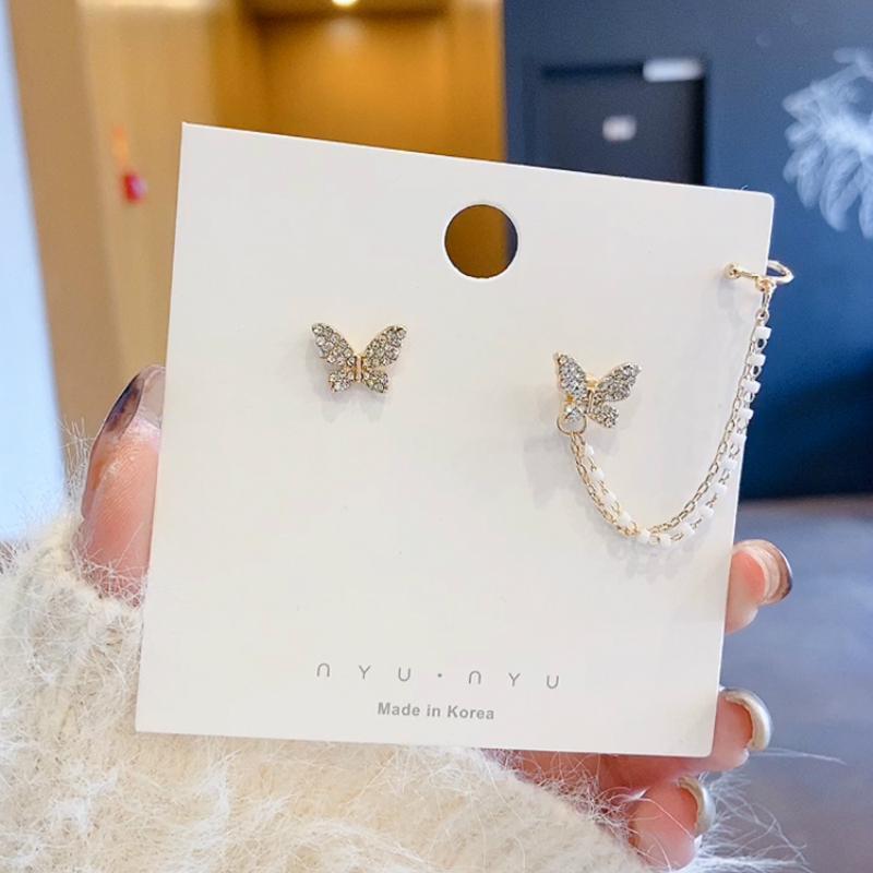 Khuyên tai dáng dài thiết kế hình bướm đính đá giả phong cách Hàn Quốc xinh xắn