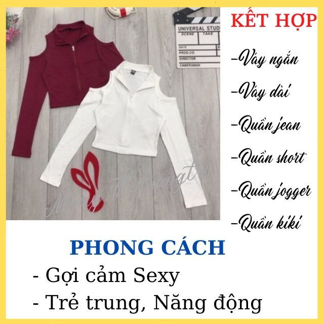 [MUA  2 TẶNG 1] Áo Croptop Nữ Hở Vai Tay Dài Dây Kéo Cổ Lọ, Áo Crt Thun Gân Nữ Khoét Vai Dài Tay Cổ Cao Kiểu ÔmFreesize