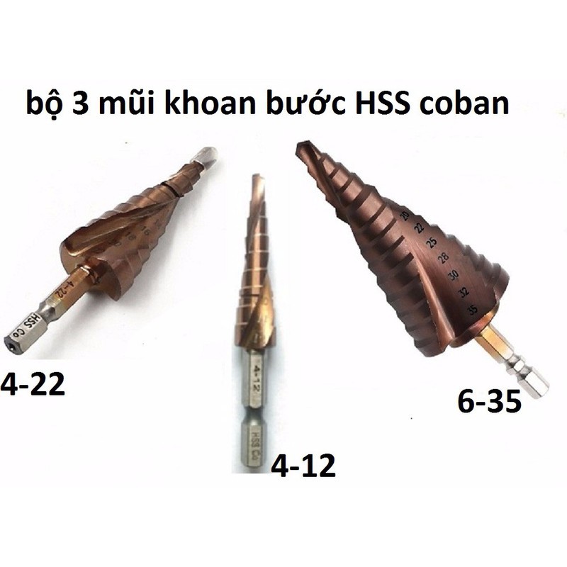 bộ 3 mũi khoan bước HSS Coban m35 4-35mm khoan inox,sắt,tôn....