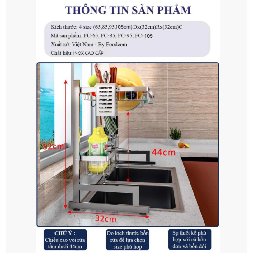 Kệ chén, sóng chén đa năng Foodcom, inox màu bạc cao cấp chống rỉ sét, dài 86-106cm,TẶNG KÈM khăn lau bếp