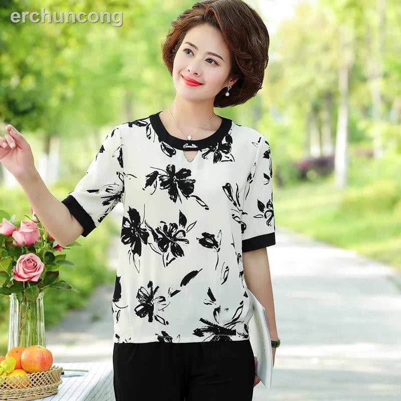 Áo Sơ Mi Chiffon Tay Ngắn Phong Cách Phương Tây Thời Trang Mùa Hè Dành Cho Nữ 50-60 Tuổi