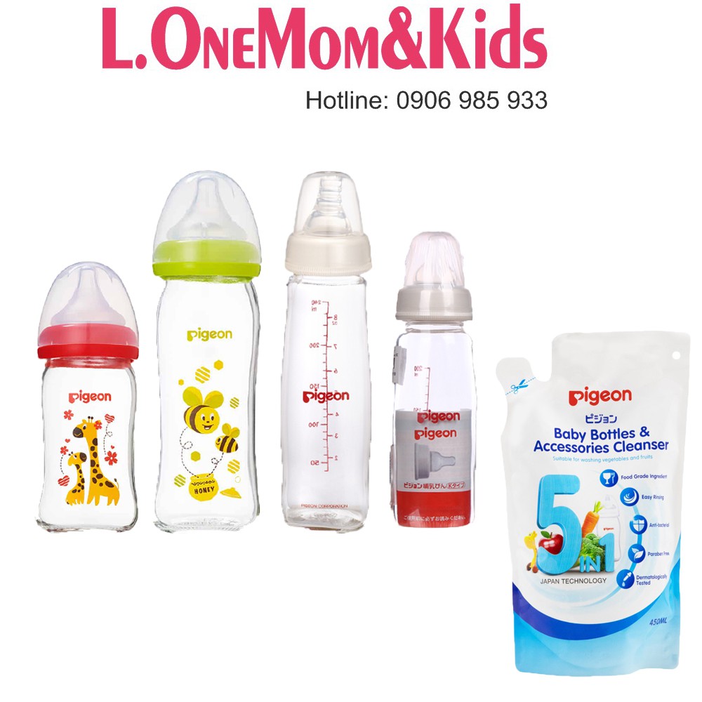 COMBO BÌNH SỮA PIGEON CỔ RỘNG/ CỔ HẸP 160ML, 240ML + 1 NƯƠC SÚC BÌNH SỮA PIGEON