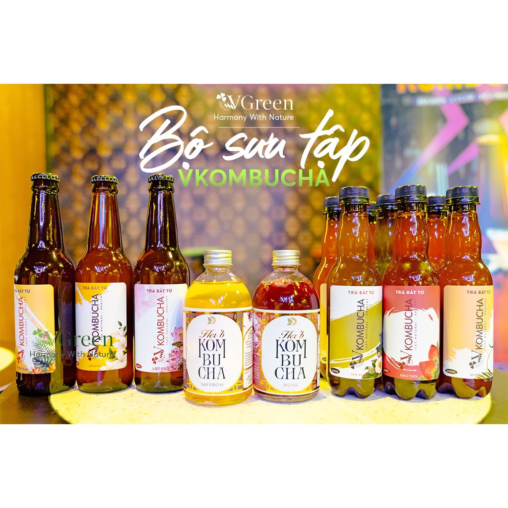 Combo Kombucha Vgreen - Trà bất tử hữu cơ / dưỡng sinh mix vị Trà xanh/ Dâu/ Dừa/ Đào/ Sâm dứa/ Sen/ Nhài/ Tropical