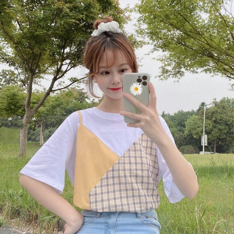 Áo Thun Giả Hai Mảnh Tay Ngắn Dáng Rộng Thời Trang Xuân Hè Năm 2021 Cho Bạn Gái