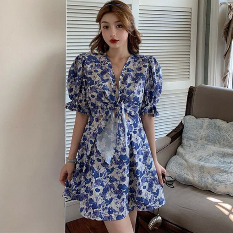 Đầm Nữ Tay Ngắn Cổ Chữ V Ôm Eo Thời Trang Quyến Rũ