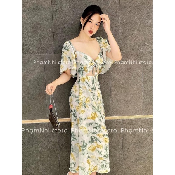 HÌNH THẬT - Đầm hoa đan dây ngực khoét eo tay tiên