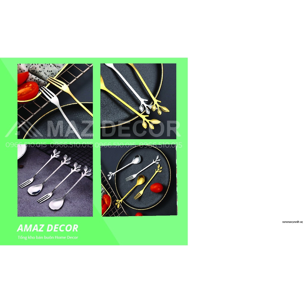 Thìa muỗng dĩa inox sáng bóng phong cách Vintage thời thượng hoàng kim hợp kim tạo hình 3 lá