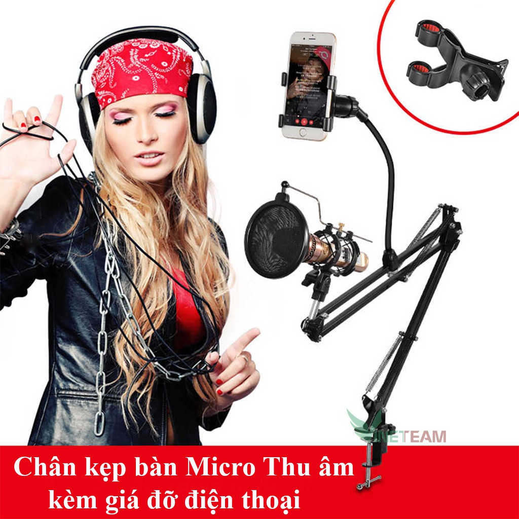 Giá micro /Chân Đế Micro Kẹp Bàn Thu Âm Livestream Kèm màng lọc ,Giá đỡ điện thoại -DC4240