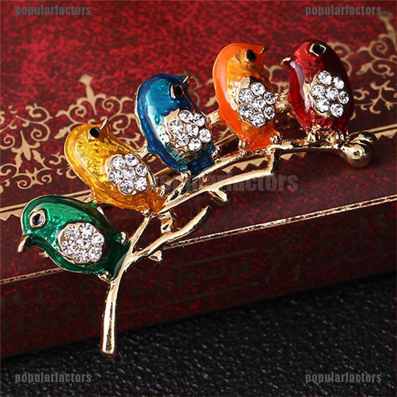 Ghim cài áo hình 5 chú chim dễ thương đính đá tráng men thích hợp làm quà tặng