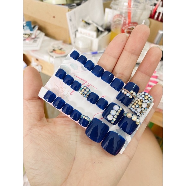A129 bộ 24 móng chân giả màu xanh đậm đính đá kèm keo dũa