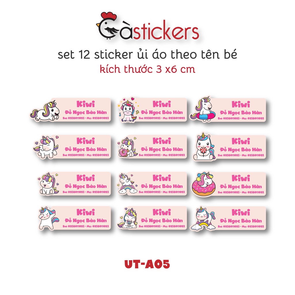  Sticker ủi áo in tên trẻ em GaStickers UT-A05 bộ 12 miếng kích thước 3 x 6 cm