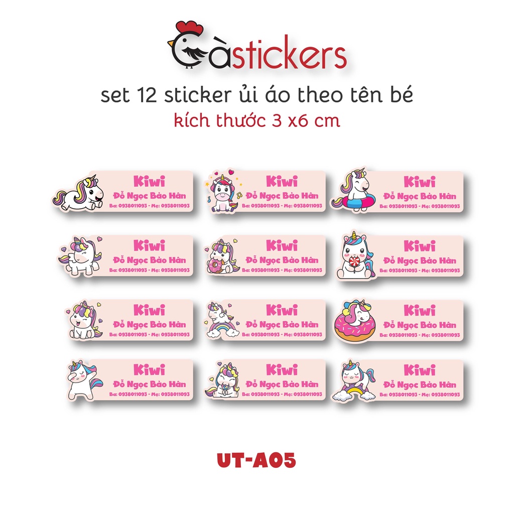 Sticker ủi áo in tên trẻ em GaStickers UT-A05 bộ 12 miếng kích thước 3 x 6 cm