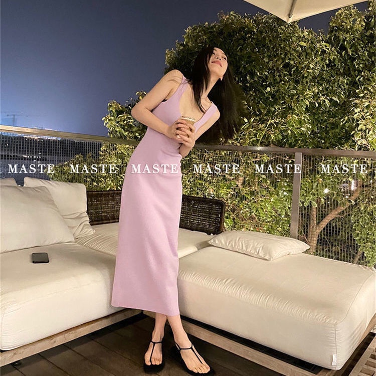 Váy Đầm Sling Đầm Hai Dây Dáng Dài Màu Tím Trơn Đính Hạt Châu Âu Xinh Xắn Dễ Phối Đồ Mùa Hè Phong Cách Hong Kong Cho Nữ