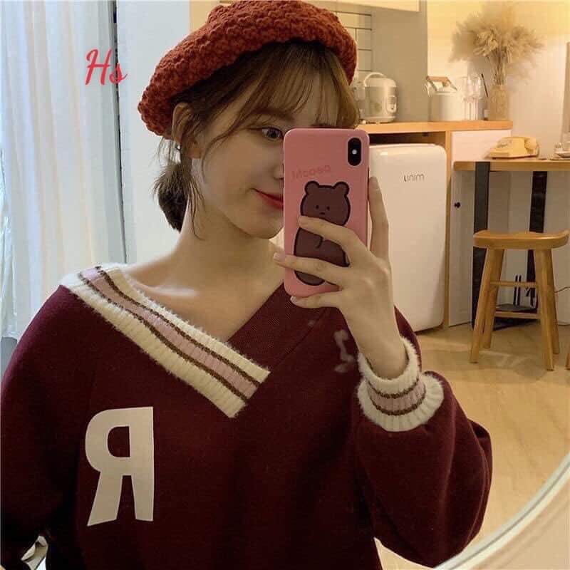 Áo Nỉ Cổ V In Chữ R nữ tính Phối Màu Dáng Rộng 3 Màu | BigBuy360 - bigbuy360.vn