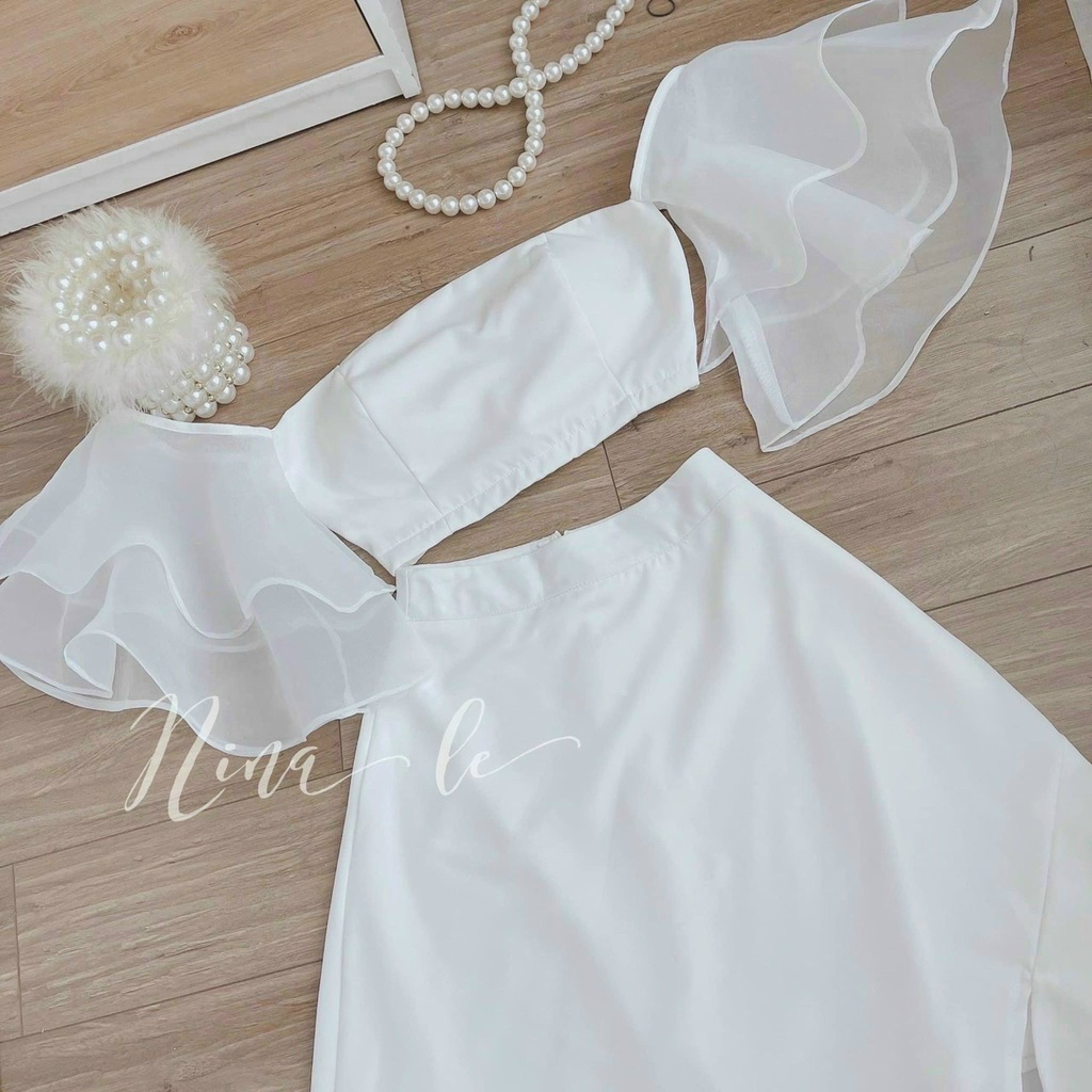 (FreeShip 2022) Sét váy nữ đi chơi,sét trắng trễ vai tay loe mix chân váy xẻ tà sang chảnh,chất umi cao cấp có mút