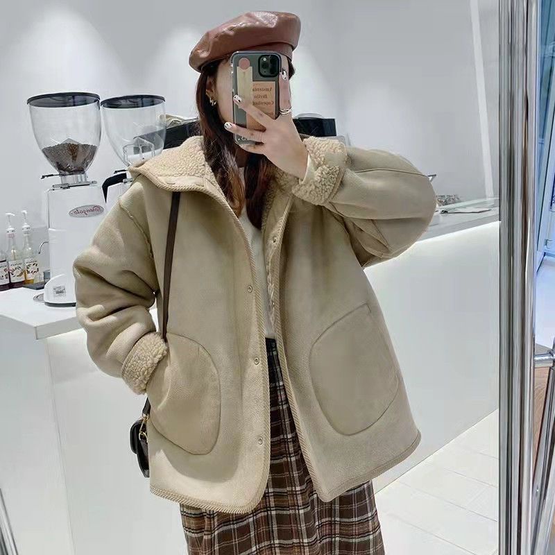 Áo Khoác Len Lông Cừu Dày Hai Mặt Dáng Rộng Phong Cách Hàn Quốc Thời Trang Mùa Đông Hàng Mới 2023 Dành Cho Bạn Nữ