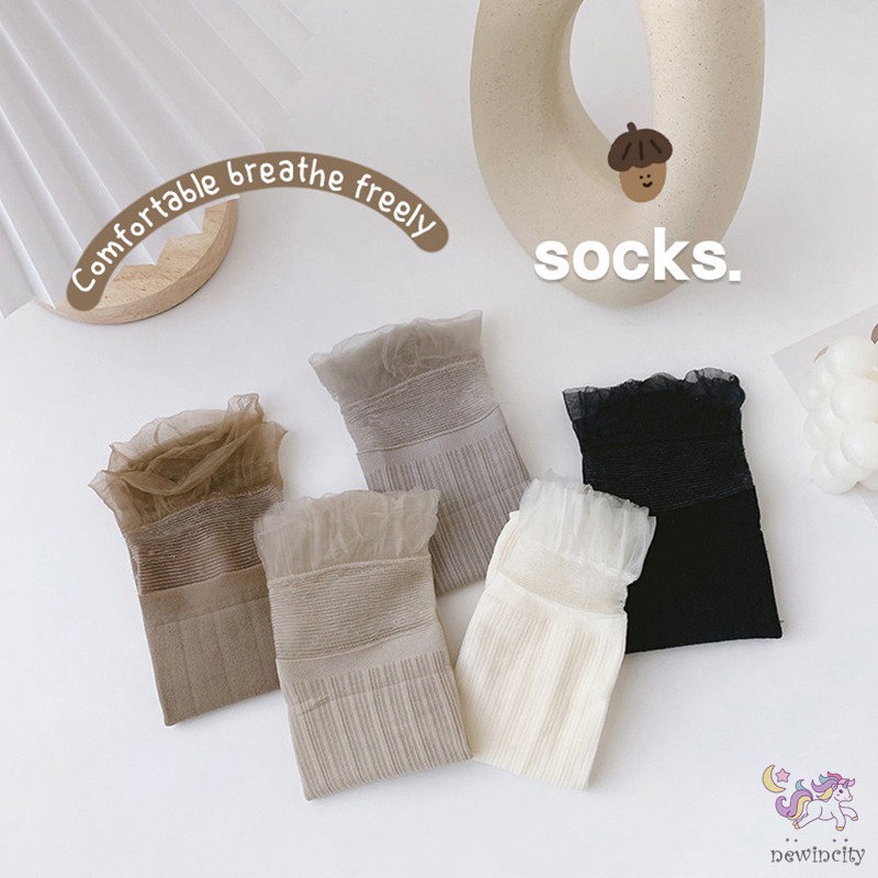 Bộ 5 Đôi Vớ Ren Lưới Mềm Mại Màu Trơn Kiểu Hàn Quốc Dễ Thương Cho Bé Gái