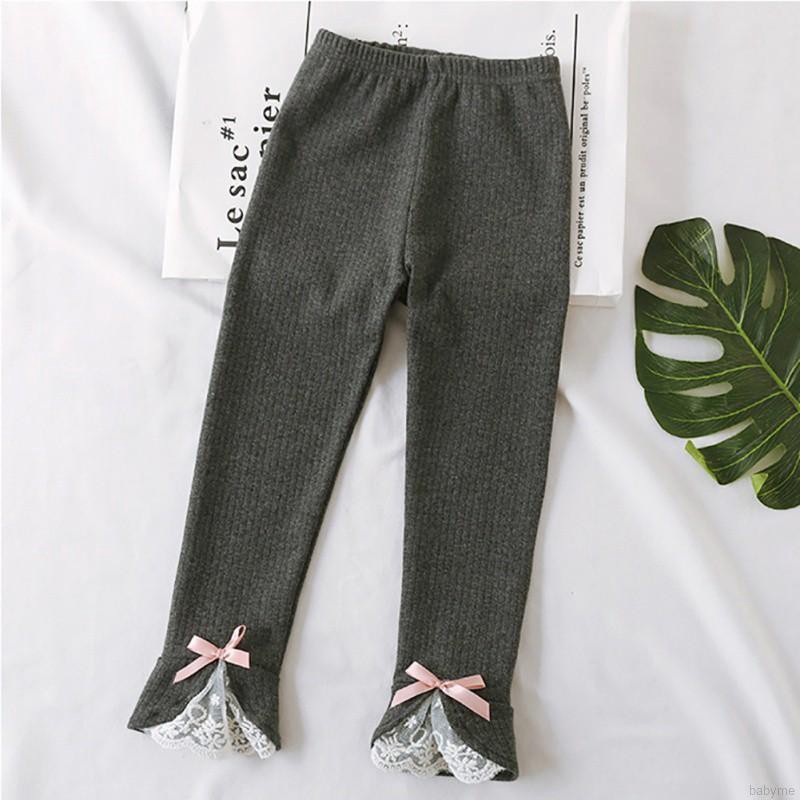 Babyme Children Kids Autumn Cartoon Lace Bow Thick Warm Casual Casual Sweet Slim Girls Pants