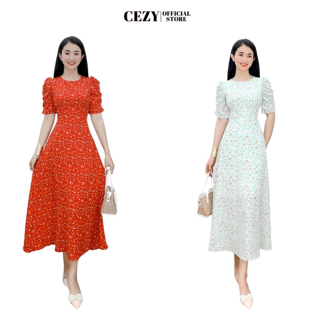 Đầm hoa nhí cổ tròn tay phồng dáng xòe dài có size bigsize CEZY D81 | BigBuy360 - bigbuy360.vn